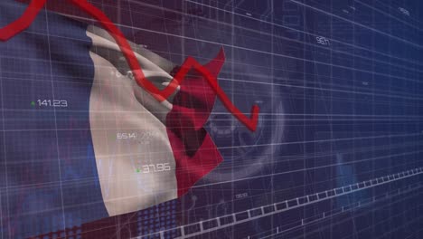 Animation-of-statistical-data-processing-over-waving-france-flag-against-spinning-globe