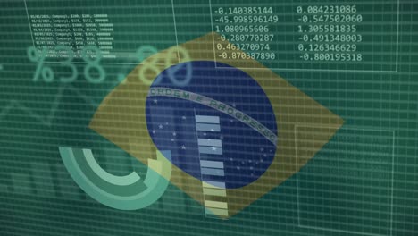 Animation-of-statistics-and-data-processing-over-waving-flag-of-brazil