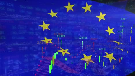 Animación-Del-Procesamiento-De-Datos-Financieros-Sobre-La-Bandera-De-La-Unión-Europea