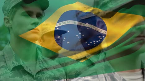 Animation-Der-Brasilianischen-Flagge-über-Verschiedenen-Männlichen-Soldaten