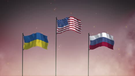 Animation-of-three-flags-of-ukraine,-united-states-and-russia-on-poles-against-cloudy-sky-at-night