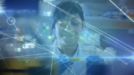 Animation-of-network-of-connections-over-asian-female-scientist-in-laboratory