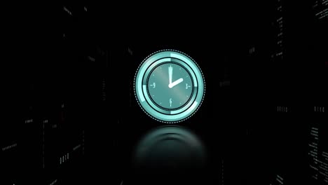 Animation-of-clock-ticking-and-data-processing-over-dark-background