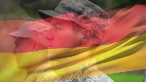 Animation-of-flag-of-germany-over-diverse-male-soldiers
