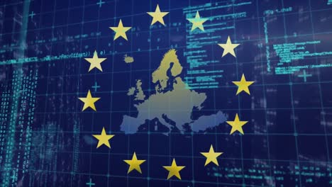 Animation-of-financial-data-processing-over-flag-of-european-union