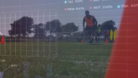 Animation-of-data-processing-against-team-of-diverse-male-soccer-players-training-on-sports-field