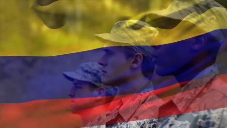 Animation-Der-Flagge-Kolumbiens-über-Verschiedenen-Männlichen-Soldaten