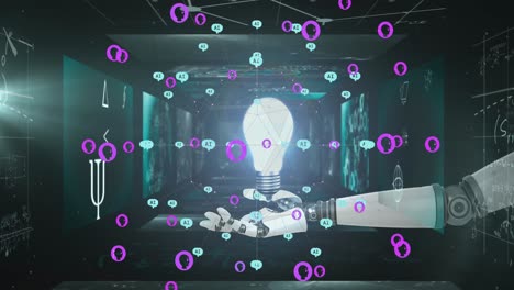 Animation-Der-KI-Datenverarbeitung-über-Roboterarm-Und-Dunklem-Hintergrund-Mit-Glühbirne