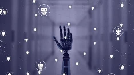 Animation-of-ai-data-processing-over-robot's-arm-and-dark-background