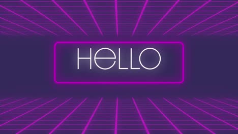 Animation-of-neon-hello-text-in-frame-with-grid-on-purple-background