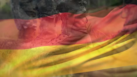 Animation-Der-Deutschen-Flagge-über-Verschiedenen-Männlichen-Soldaten