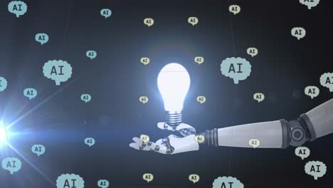 Animation-of-ai-data-processing-over-robot's-arm-with-light-bulb-background