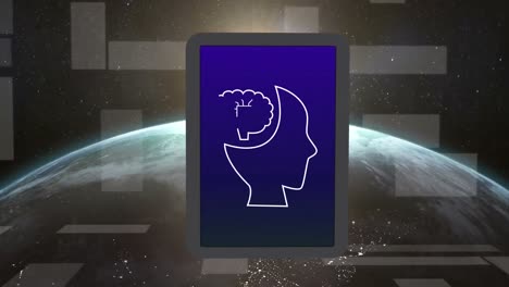 Animation-Der-KI-Datenverarbeitung-über-Tablet-Und-Globus,-Dunklem-Hintergrund