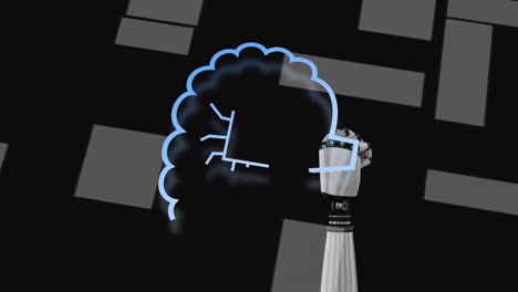 Animation-Der-KI-Datenverarbeitung-über-Roboterarm-Und-Dunklem-Hintergrund