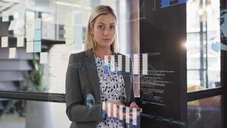 Animation-of-data-processing-and-statistics-over-caucasian-businesswoman-in-office