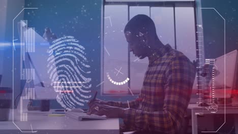 Animation-of-biometric-fingerprint-data-processing-over-african-american-businessman-in-office