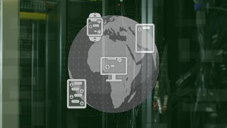 Animation-Der-KI-Datenverarbeitung-über-Globus-Und-Computerserver-Hintergrund