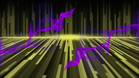 Animation-of-neon-lines-and-purple-light-trails-on-black-background