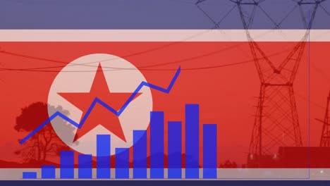 Animation-Von-Statistiken-Und-Datenverarbeitung-über-Der-Flagge-Nordkoreas