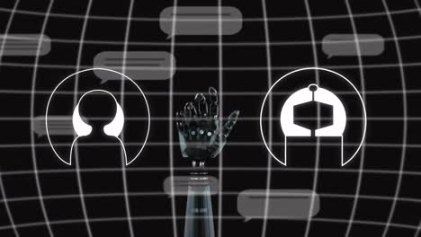 Animation-Der-KI-Datenverarbeitung-über-Dem-Armgitter-Des-Roboters-Und-Dunklem-Hintergrund