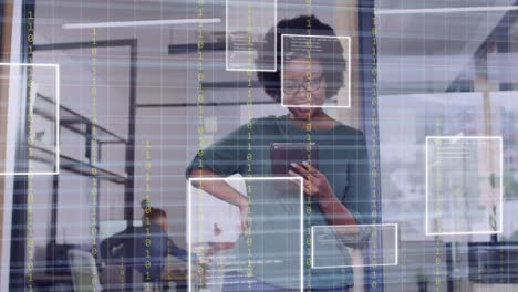 Animation-of-data-processing-over-african-american-businesswoman-in-office