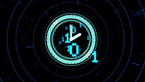 Animation-of-clock,-binary-coding-and-data-processing-over-dark-background