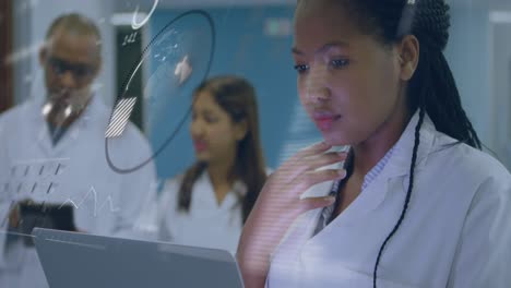 Animation-of-data-processing-over-african-american-female-scientist-using-laptop