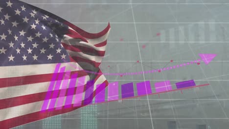 Animation-of-statistical-data-processing-over-waving-usa-flag-against-spinning-globe