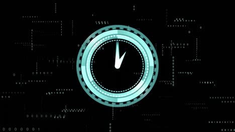 Animation-of-clock-ticking-and-data-processing-over-dark-background