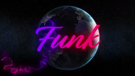 Animation-Von-Funk-Neontext-über-Globus-Auf-Schwarzem-Hintergrund