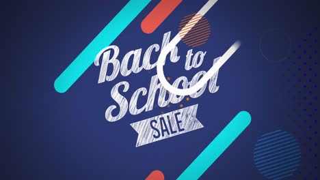 Animation-of-back-to-school-sale-text-banner-over-abstract-colorful-shapes-against-blue-background
