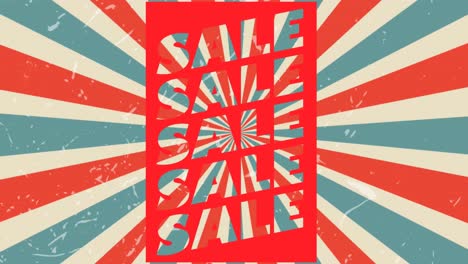 Animation-of-sale-text-banner-against-blue-and-red-radial-rays-spinning-in-seamless-pattern