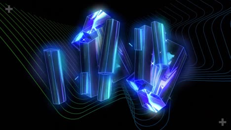 Animation-of-3d-blue-glowing-blocks-spinning-on-dark-background