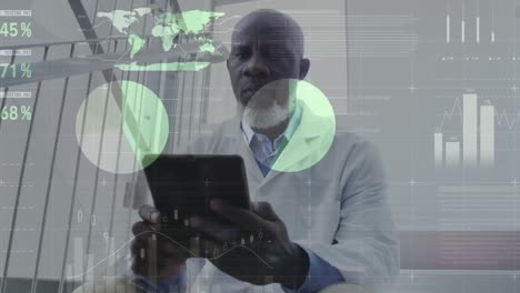 Animation-of-statistical-data-processing-over-african-american-male-doctor-using-tablet-at-hospital