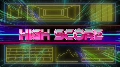 Animation-of-high-score-text-over-neon-pattern-on-dark-background