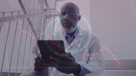 Animation-of-neon-shape,-data-processing-over-african-american-male-doctor-using-tablet-at-hospital