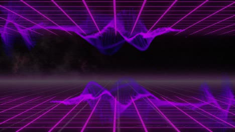 Animation-of-purple-light-trails-with-grid-on-dark-background