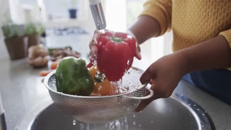 Midsection-of-african-american-woman-rinsing-peppers-in-kitchen-sink,-slow-motion