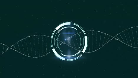 Animation-of-round-scanner-over-spinning-dna-structure-against-black-background