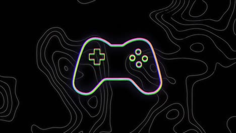 Animation-of-neon-video-game-pad-with-pattern-on-dark-background