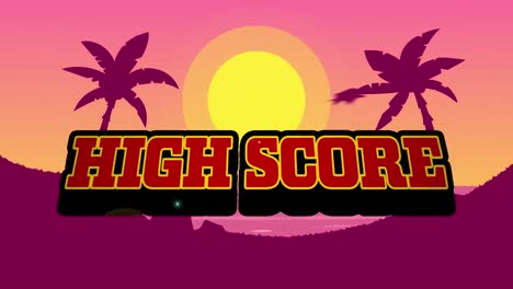 Animation-of-high-score-text-over-palm-trees-sunset-background