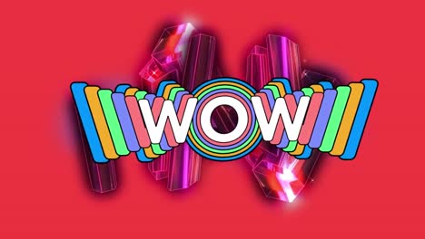 Animation-of-wow-rainbow-text-on-seamless-loop-pink-blocks