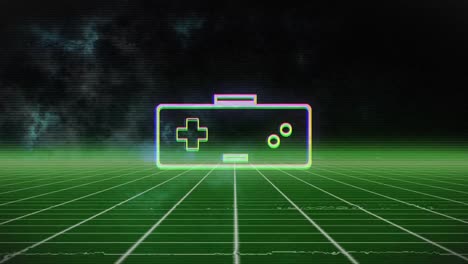 Animation-of-neon-video-game-console-over-grid-background