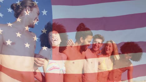 Animation-of-diverse-friends-at-beach-over-flag-of-usa