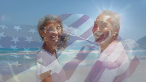 Animation-of-happy-caucasian-couple-by-sea-over-flag-of-usa