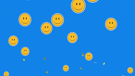 Animation-Von-Goldenem-Konfetti,-Das-Mit-Smiley-Emoji-Symbolen-Auf-Blauem-Hintergrund-Fällt
