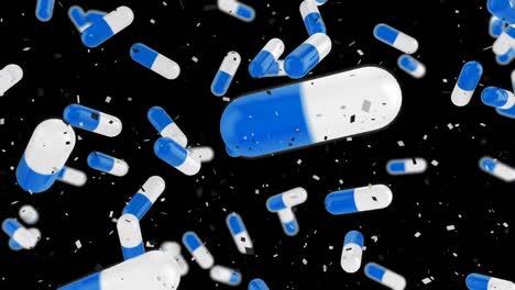 Animation-of-confetti-falling-and-blue-and-white-medication-on-black-background