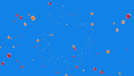Animation-Von-Goldenen-Konfetti--Und-Fruchtsymbolen,-Die-über-Blauen-Hintergrund-Fallen
