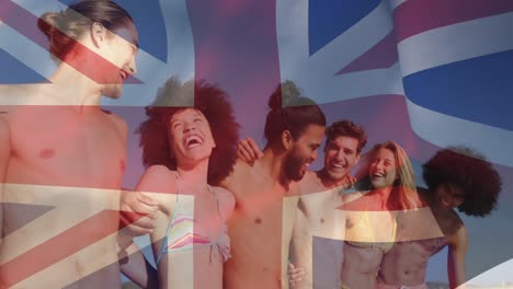 Animation-of-diverse-friends-at-beach-over-flag-of-great-britain