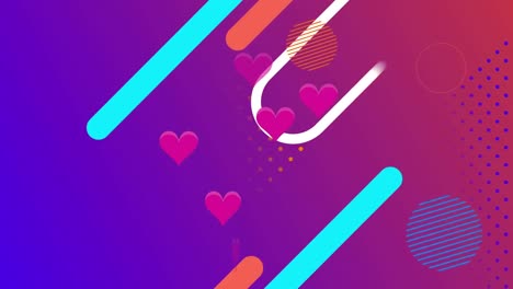 Animation-of-hearts-and-abstract-pattern-on-purple-background